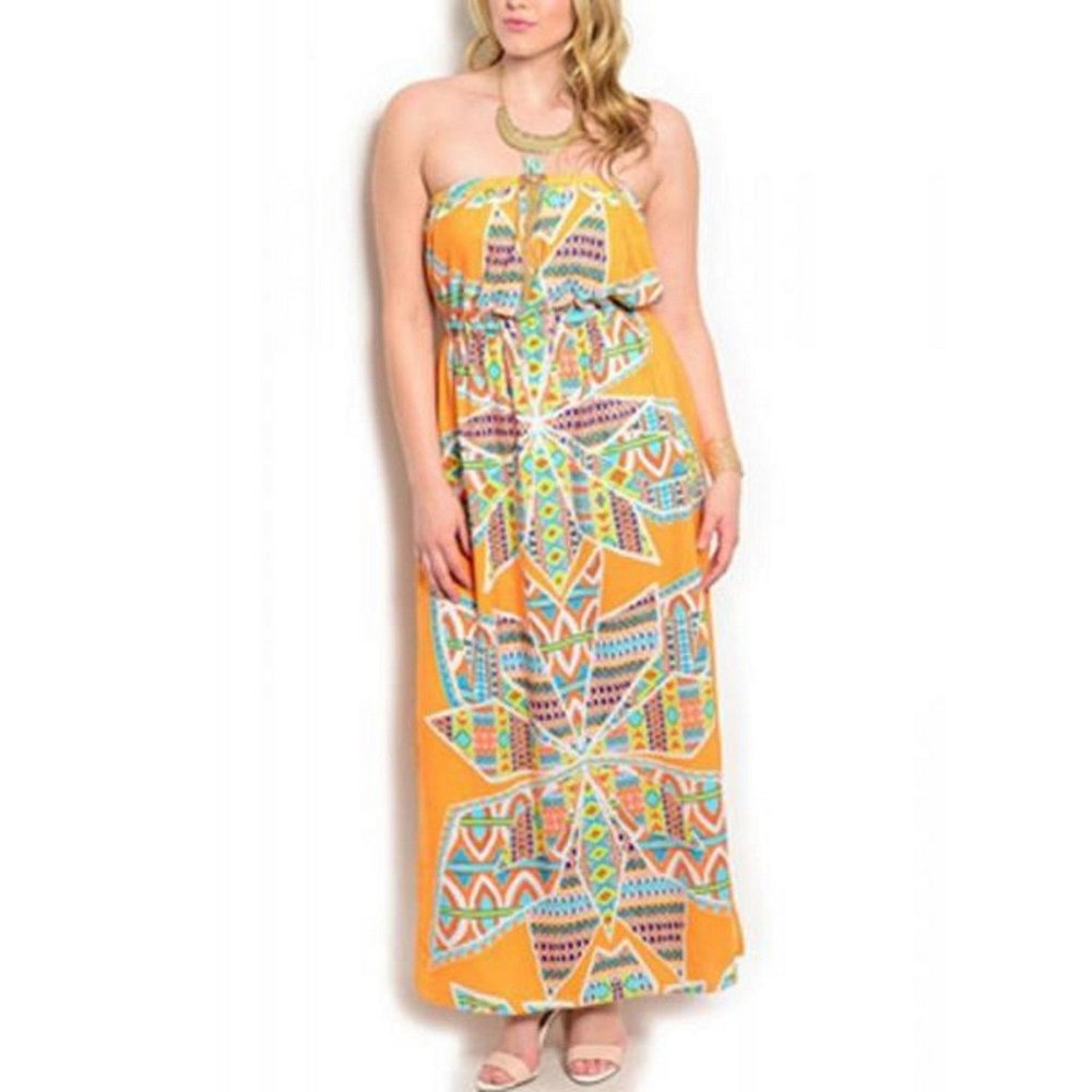 Bellezza Ladies Strapless Maxi Sundress Orange Geometric Casual Size 1XL NWOT